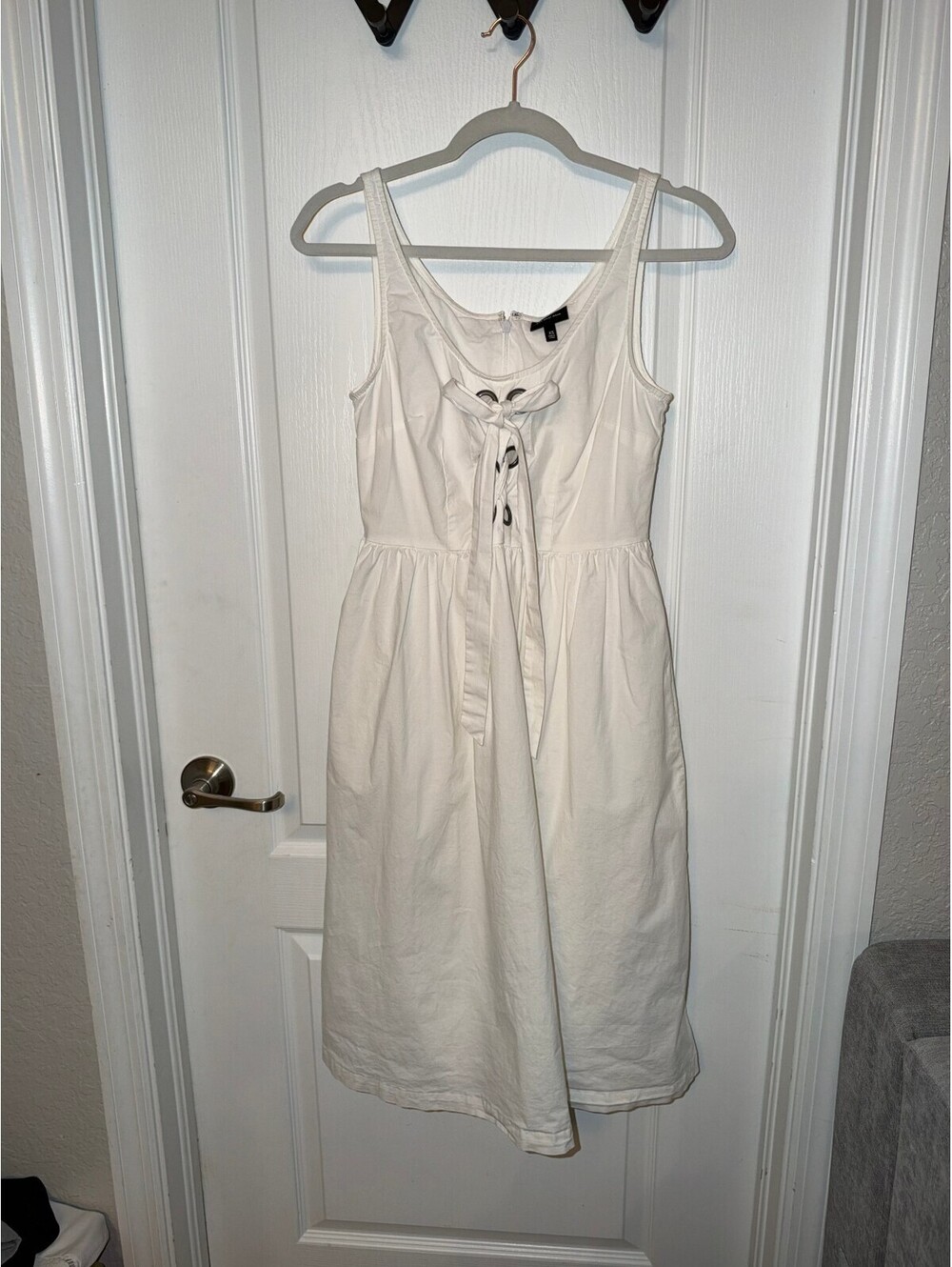 Who What Wear White Cotton Blend Midi Dress with Lace-Up Front XS